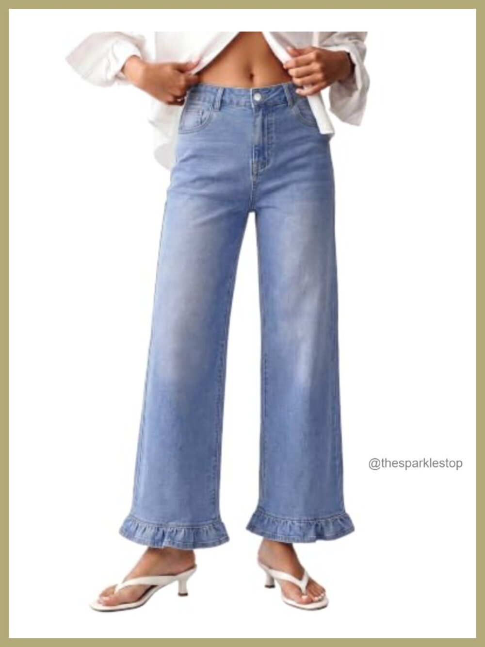 Stretch Denim Wide Leg Ruffle Hem Jeans High Waisted Cropped